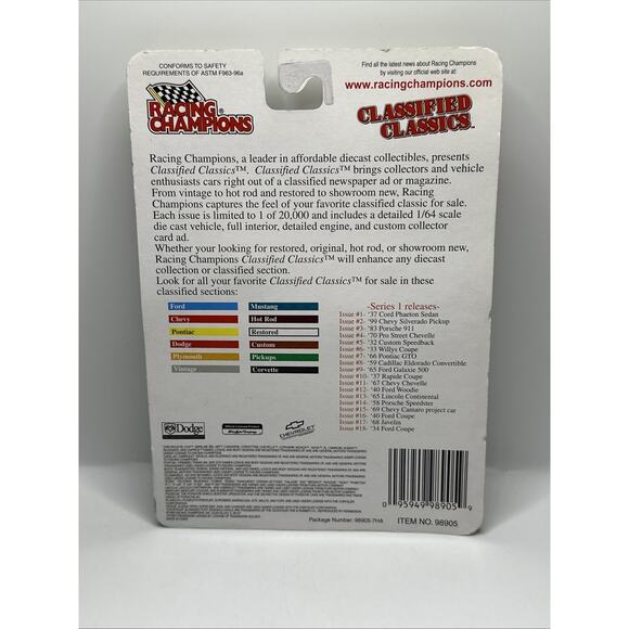 RACING CHAMPIONS CLASSIFIED CLASSICS 1970 CHEVY CHEVELLE PRO STREET YELLOW 1999 - Picture 9 of 9